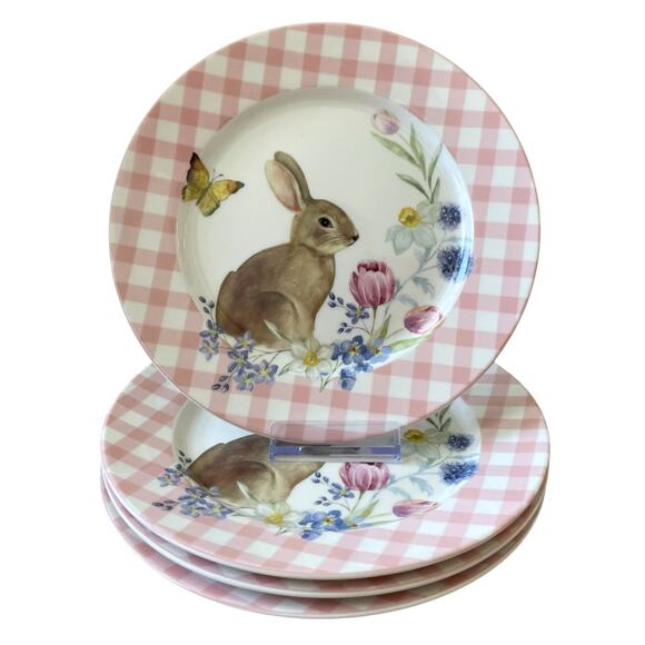 Grace Teaware Bunny Floral Pink Gingham 8in Side Salad Plates Set of 4 NEW - Picture 2 of 12